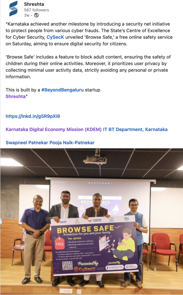 LinkedIN Shreshta post on Browse Safe powered by DNS Firewall